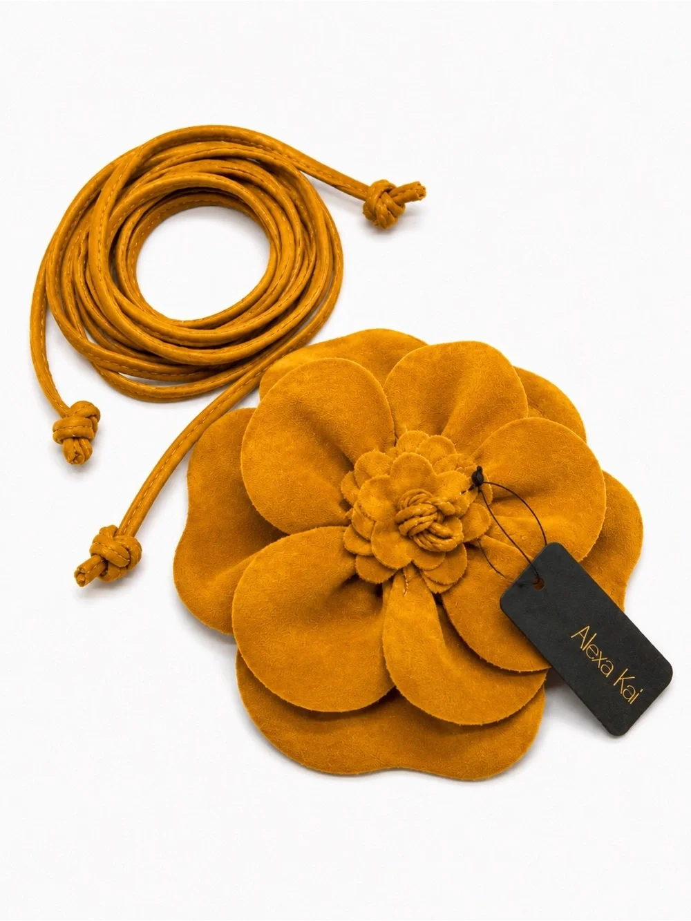 Alexa Koi Faux Suede Mustard 3D Flower Wrap Belt – 86” Boho Statement Belt